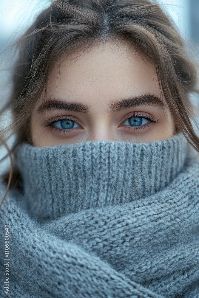 Young woman wearing a warm scarf in a cold urban environment during winter Young woman wearing a warm scarf in a cold urban environment during winter