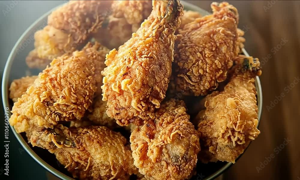 Golden, crispy fried chicken in a bucket, steaming with hot, crunchy texture, captured from a top-down view.
