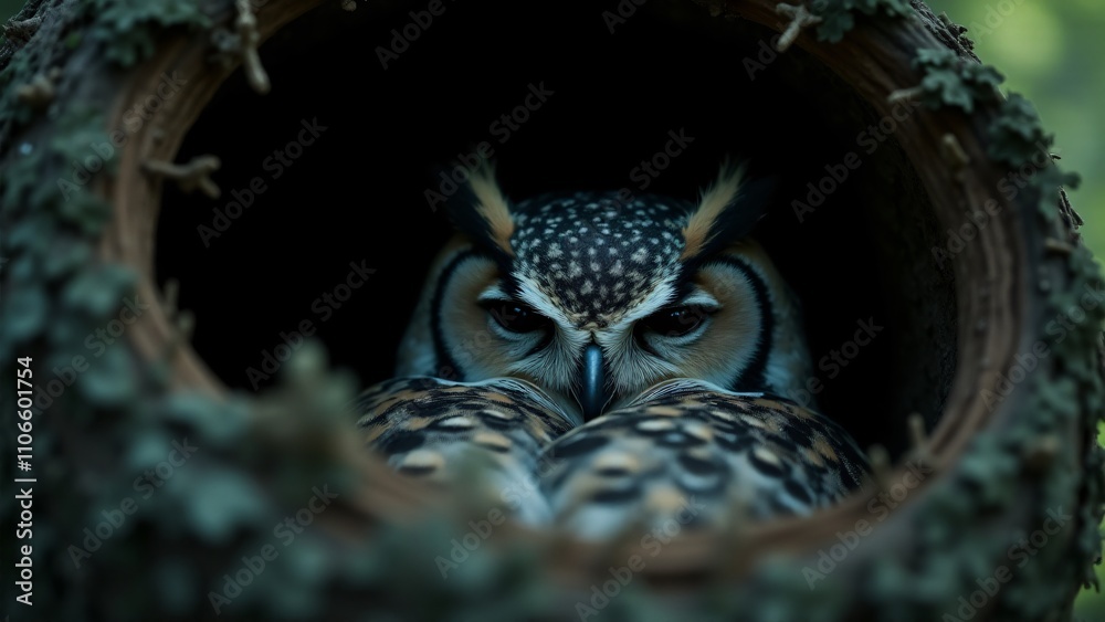 Obraz premium A peaceful image of an owl in its nest, resting in its natural habitat. The setting conveys the owl’s quiet, serene life in the wild, with natural elements framing the scene.
