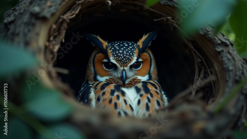 A peaceful image of an owl in its nest, resting in its natural habitat. The setting conveys the owl’s quiet, serene life in the wild, with natural elements framing the scene.