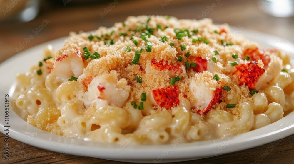 A decadent plate of lobster macaroni and cheese with chunks of tender lobster meat and a creamy cheese sauce, Macaroni and cheese plate centered, Warm diffused lighting accentuating the gooey cheese A decadent plate of lobster macaroni and cheese with chunks of tender lobster meat and a creamy cheese sauce, Macaroni and cheese plate centered, Warm diffused lighting accentuating the gooey cheese