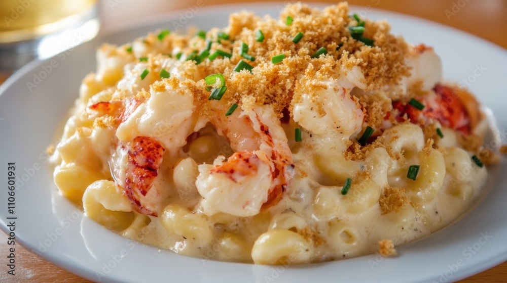 A decadent plate of lobster macaroni and cheese with chunks of tender lobster meat and a creamy cheese sauce, Macaroni and cheese plate centered, Warm diffused lighting accentuating the gooey cheese A decadent plate of lobster macaroni and cheese with chunks of tender lobster meat and a creamy cheese sauce, Macaroni and cheese plate centered, Warm diffused lighting accentuating the gooey cheese