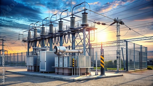Industrial Power Substation at Sunset A Complex Network of Electrical Transformers and Conductors