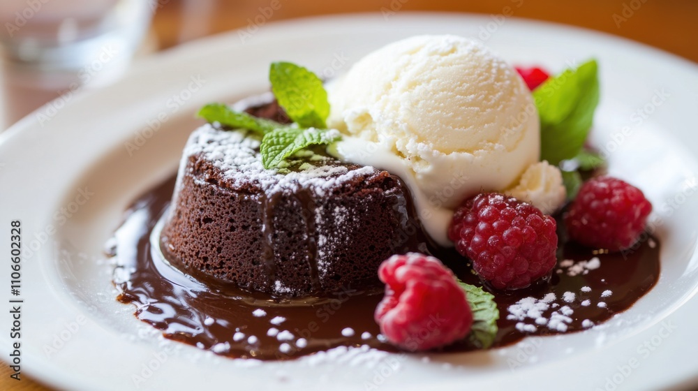 A decadent plate of molten chocolate lava cake with a scoop of vanilla ice cream and fresh raspberries, Lava cake plate centered, Soft natural light highlighting the gooey center A decadent plate of molten chocolate lava cake with a scoop of vanilla ice cream and fresh raspberries, Lava cake plate centered, Soft natural light highlighting the gooey center