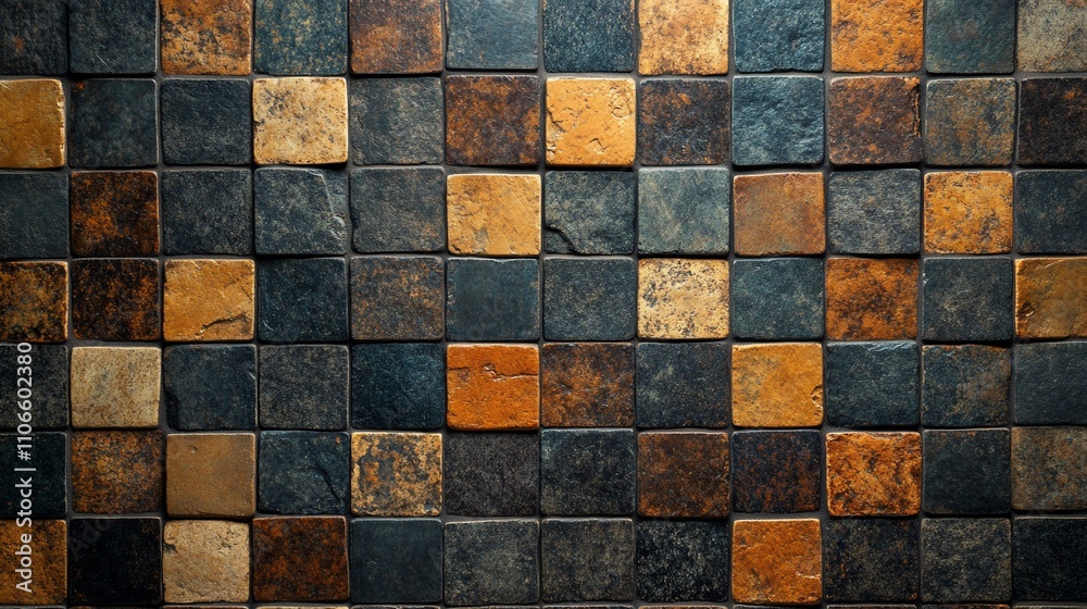 Brown, beige, and gray square stone mosaic tile wall texture. Brown, beige, and gray square stone mosaic tile wall texture.