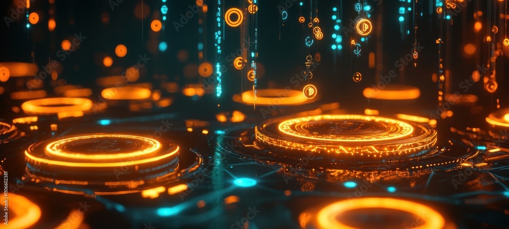 Abstract Futuristic Digital Interface: Neon Orange and Teal Glowing Circles and Symbols Abstract Futuristic Digital Interface: Neon Orange and Teal Glowing Circles and Symbols