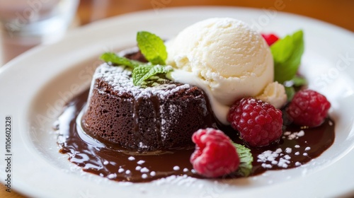 A decadent plate of molten chocolate lava cake with a scoop of vanilla ice cream and fresh raspberries, Lava cake plate centered, Soft natural light highlighting the gooey center
