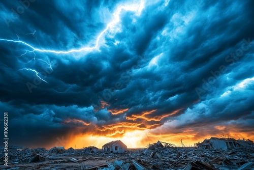 Massive apocalyptic storm clouds with lightning striking above ruined urban and rural landscapes.