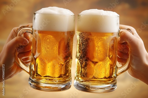 Two hands toasting with beer mugs on a blurred background. Pair of hands holding large beer mugs, making a toast against a blurred golden background photo