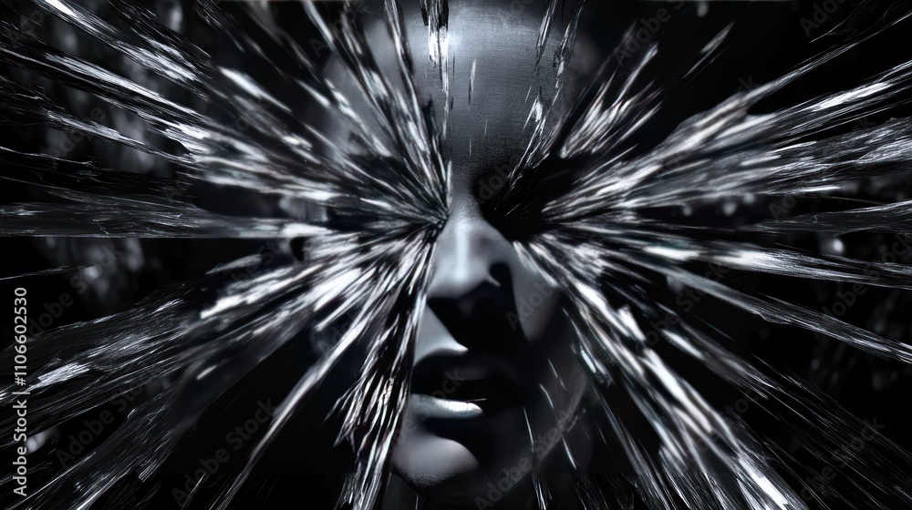 Obraz premium A surreal image depicting a face breaking through a glass-like barrier, conveying tension.