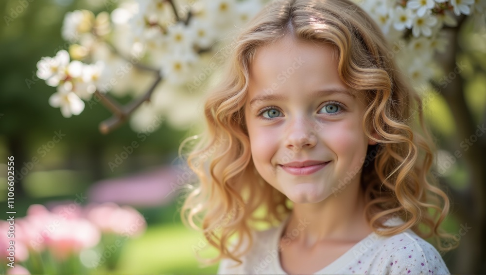 Blonde curly-haired child in pink, blurred floral background, sunny day, face obscured for privacy. Generative, AI. Blonde curly-haired child in pink, blurred floral background, sunny day, face obscured for privacy. Generative, AI.
