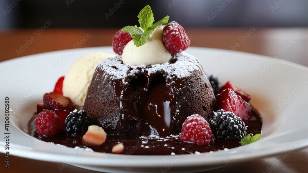 A decadent plate of molten lava cake with a gooey chocolate center, served with vanilla ice cream and fresh berries, Lava cake plate centered A decadent plate of molten lava cake with a gooey chocolate center, served with vanilla ice cream and fresh berries, Lava cake plate centered