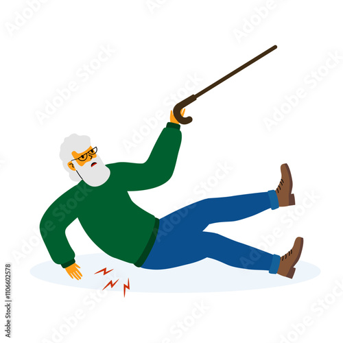 Elderly man falls while walking with a cane on a snowy outdoor pathway in winter