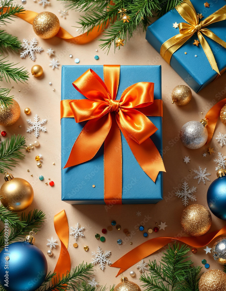 Vibrant Gift Boxes Top View Shot with Orange Silk Ribbons and Metallic Blue Ornaments Vibrant Gift Boxes Top View Shot with Orange Silk Ribbons and Metallic Blue Ornaments