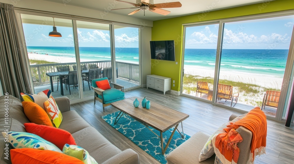 Fototapeta premium Coastal living room with ocean view, comfy sofa, bright decor, and sliding glass doors leading to balcony.