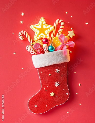Vibrant Christmas Stocking Cutout with Ornaments, Licorice, Sugar Cookies