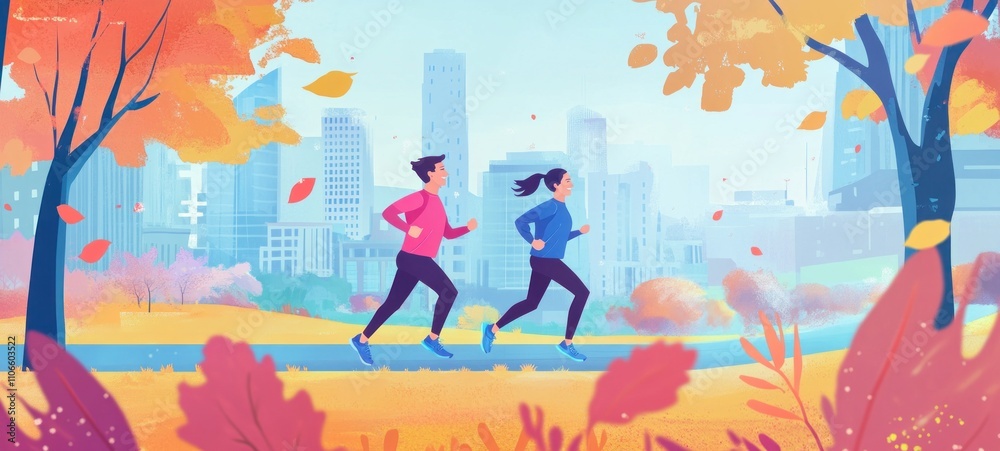 Couple Jogging in Autumn City Park: A Vibrant Fall Run