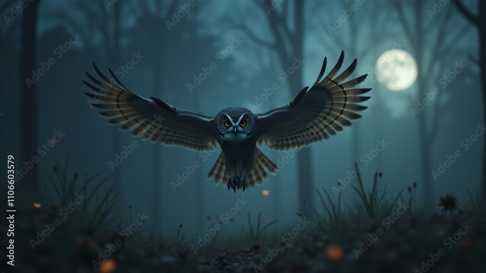 Fototapeta premium A powerful scene of an owl hunting, emphasizing its precision and skill as it swoops down in search of prey. The moonlit backdrop and intense focus of the owl create a thrilling atmosphere.