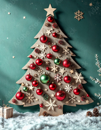 Rustic Tree Cutout with Handmade Ornaments and Snowflakes for Christmas Theme
