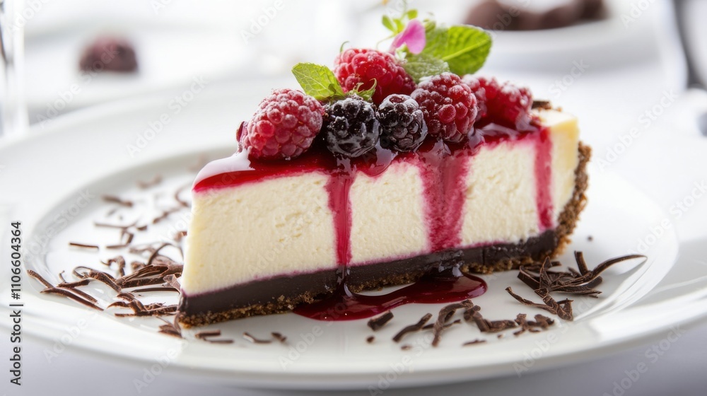A decadent slice of cheesecake topped with mixed berries and a drizzle of raspberry sauce, Cheesecake plated elegantly with chocolate shavings for garnish, Fresh mint leaves for decoration A decadent slice of cheesecake topped with mixed berries and a drizzle of raspberry sauce, Cheesecake plated elegantly with chocolate shavings for garnish, Fresh mint leaves for decoration