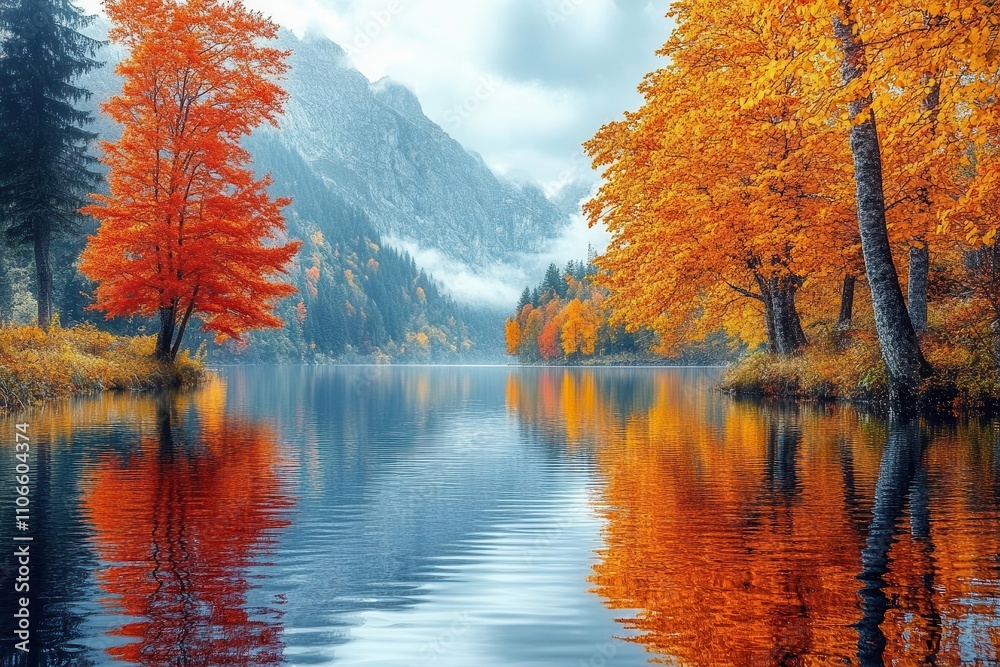 Fototapeta premium a serene autumn landscape frames an enchanting lake, surrounded by trees painted in vibrant autumnal hues, reflecting their colors on the glassy water surface, evoking tranquility and natural beauty
