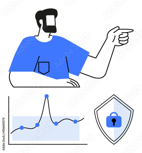 A person in a blue shirt gestures highlighting a line graph and a security shield with a lock. Ideal for themes business, data analysis, technology, security, growth, innovation, guidance. Line