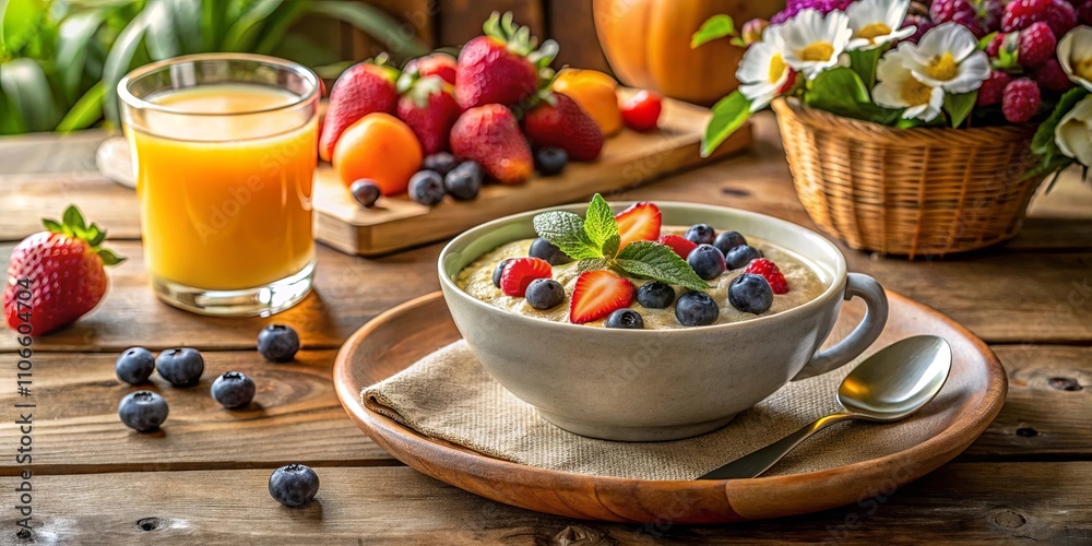 A rustic wooden table setting with a bowl of creamy porridge topped with fresh berries and a sprig of mint, accompanied by a glass of orange juice and a bouquet of flowers in a wicker basket. A rustic wooden table setting with a bowl of creamy porridge topped with fresh berries and a sprig of mint, accompanied by a glass of orange juice and a bouquet of flowers in a wicker basket.