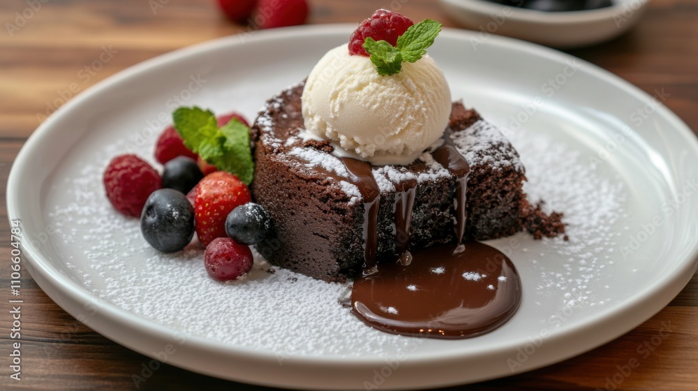 A decadent slice of chocolate lava cake topped with vanilla ice cream and a drizzle of chocolate sauce, Chocolate lava cake plated elegantly with a dusting of powdered sugar, Fresh berries for garnish A decadent slice of chocolate lava cake topped with vanilla ice cream and a drizzle of chocolate sauce, Chocolate lava cake plated elegantly with a dusting of powdered sugar, Fresh berries for garnish