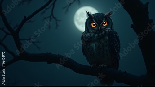 A mysterious and captivating image of an owl perched on a branch at night. The owl’s piercing gaze, set against the moonlit sky, evokes a sense of intrigue and nocturnal elegance. photo