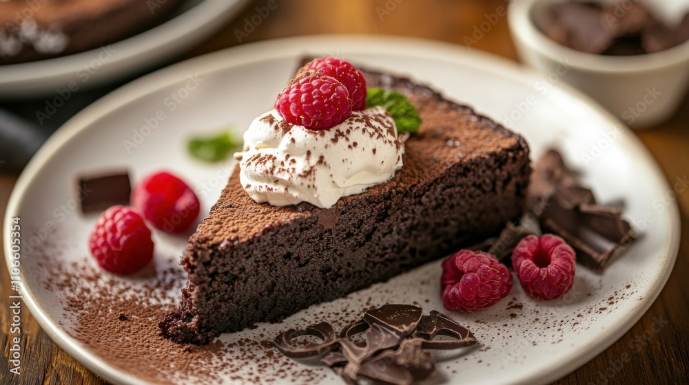 A decadent slice of flourless chocolate cake topped with a dollop of whipped cream and fresh raspberries, Chocolate cake plated on a dessert dish, Cocoa powder dusting for presentation A decadent slice of flourless chocolate cake topped with a dollop of whipped cream and fresh raspberries, Chocolate cake plated on a dessert dish, Cocoa powder dusting for presentation