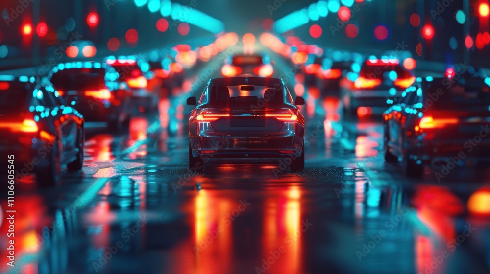 Fototapeta premium A line of cars driving on a wet city street at night with blurred lights in the background.