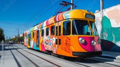 An electric tram adorned with bright artwork travels along tracks in a lively city environment.