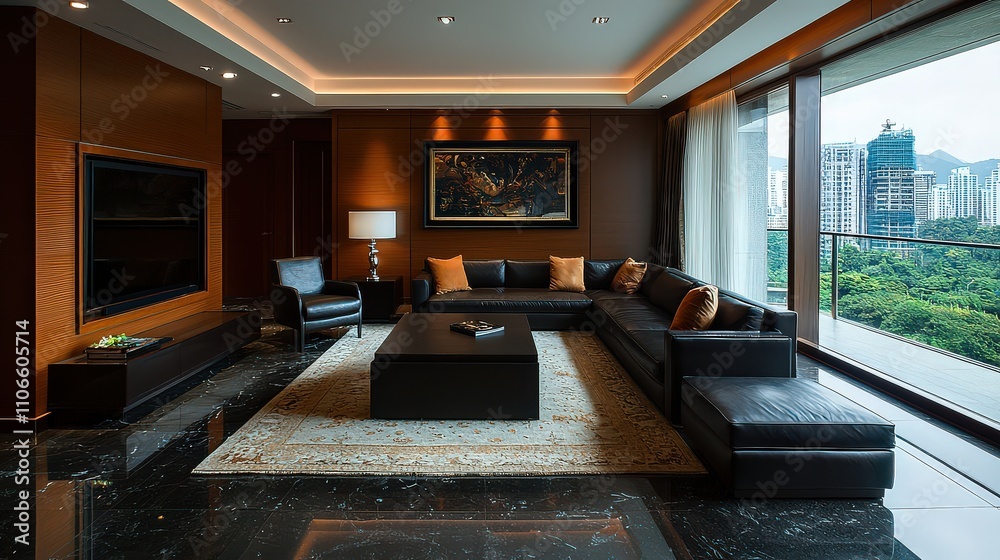 Fototapeta premium Modern chic living room interior design urban apartment photography contemporary wide-angle minimalist elegance