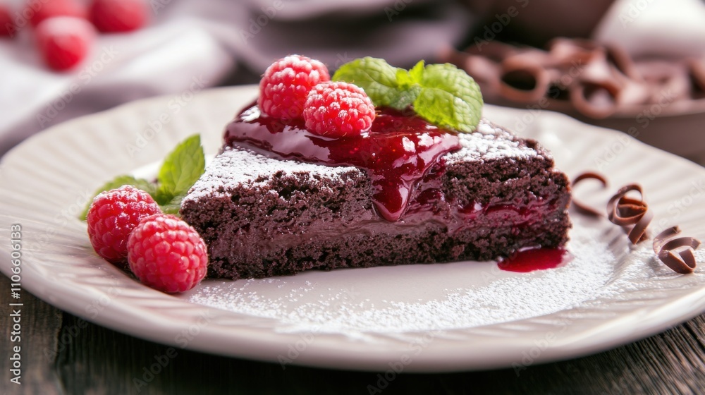 A decadent slice of flourless chocolate cake topped with raspberry coulis and fresh raspberries, Flourless chocolate cake plated elegantly with a dusting of powdered sugar, Mint leaves for garnish A decadent slice of flourless chocolate cake topped with raspberry coulis and fresh raspberries, Flourless chocolate cake plated elegantly with a dusting of powdered sugar, Mint leaves for garnish