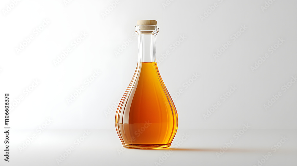 Amber liquid in a glass bottle with a cork stopper on a white background. Amber liquid in a glass bottle with a cork stopper on a white background.