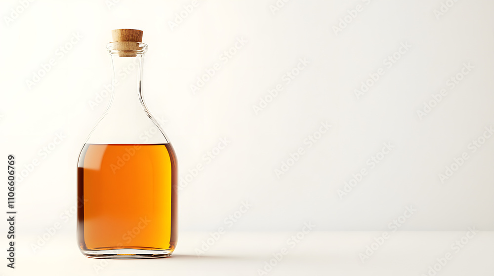 Amber liquid in a glass bottle with a cork stopper on a white background. Amber liquid in a glass bottle with a cork stopper on a white background.