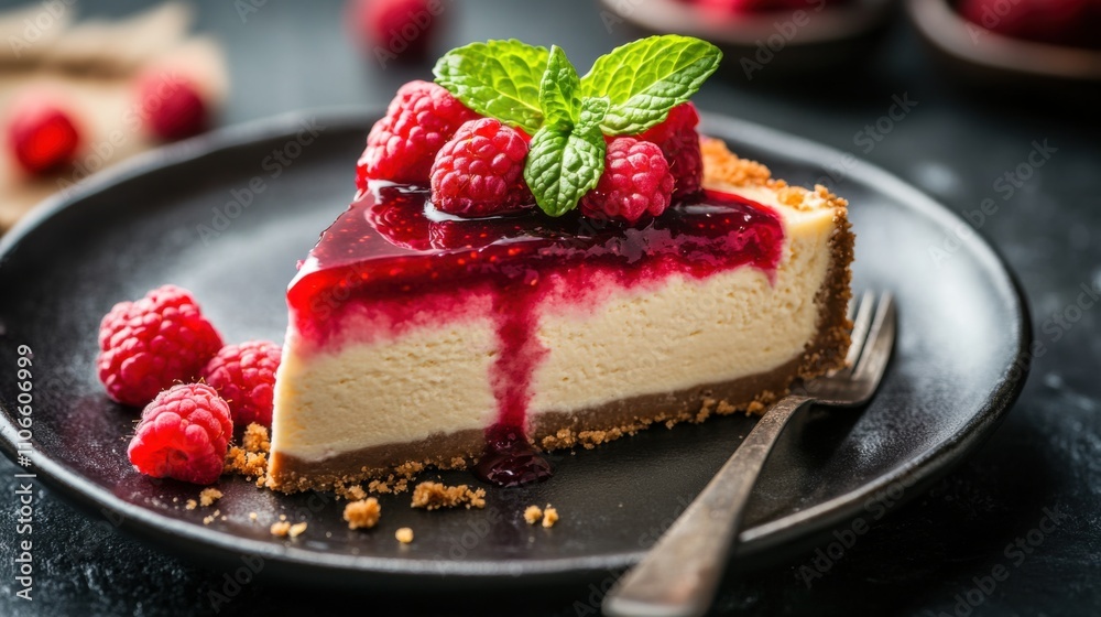 A decadent slice of New York cheesecake topped with a tangy raspberry coulis and fresh berries, Cheesecake centered, Warm overhead lighting enhancing its creamy texture A decadent slice of New York cheesecake topped with a tangy raspberry coulis and fresh berries, Cheesecake centered, Warm overhead lighting enhancing its creamy texture