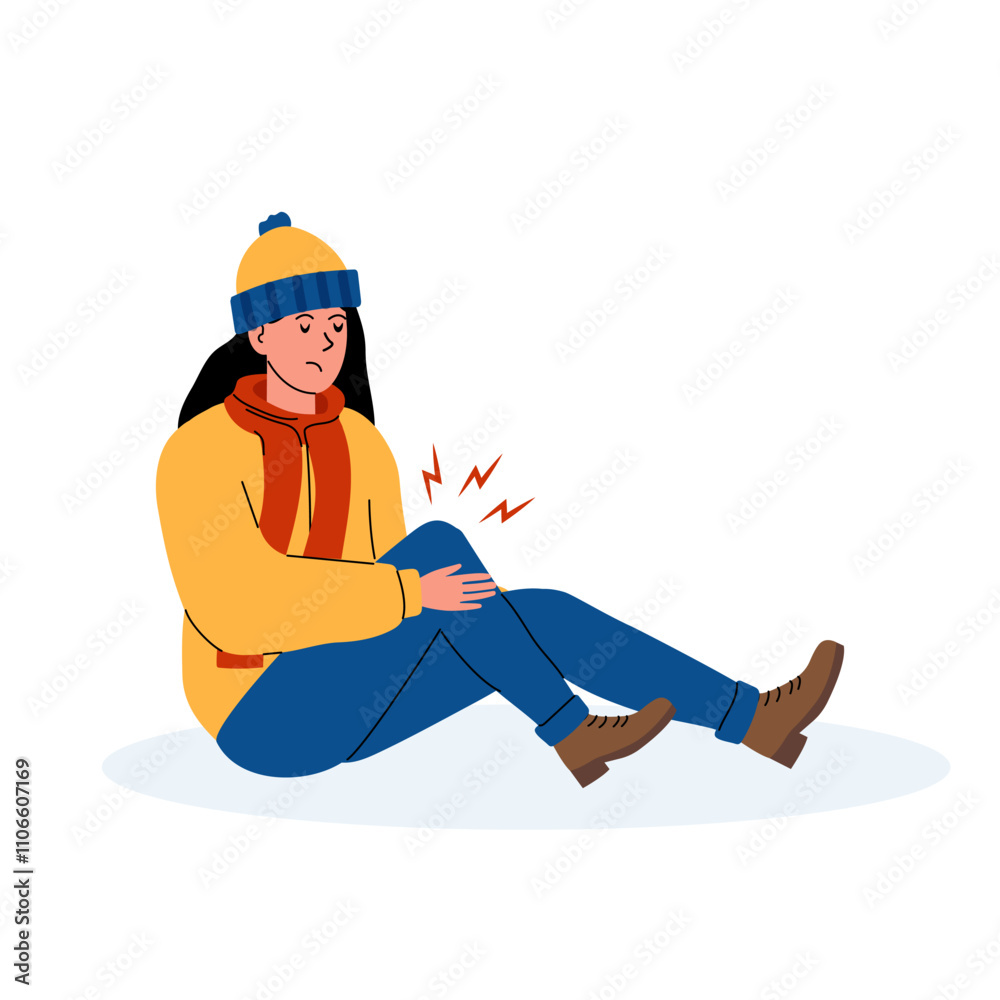 Obraz premium Young woman sitting on the ground, holding her knee in pain during winter in a cozy outfit