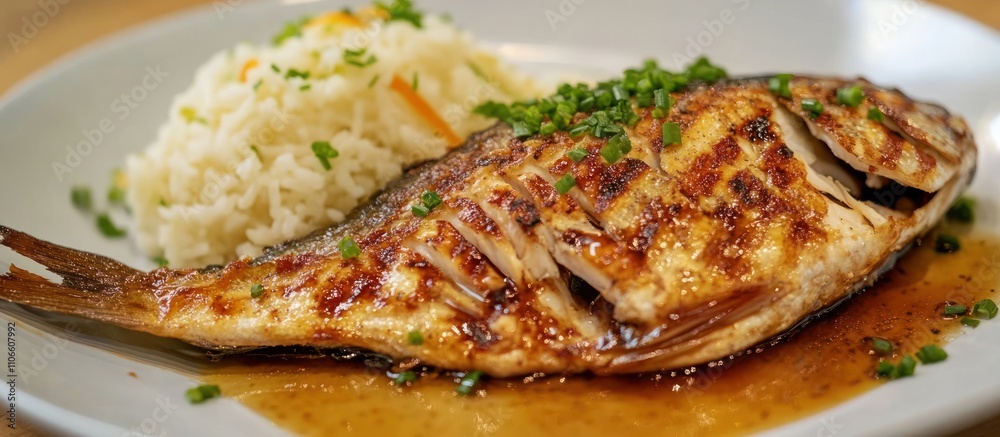 Japanese-style grilled fish with teriyaki glaze, served with rice and miso soup Japanese-style grilled fish with teriyaki glaze, served with rice and miso soup