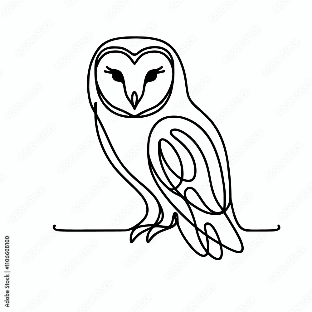 Continuous line illustration of a perched barn owl Continuous line illustration of a perched barn owl
