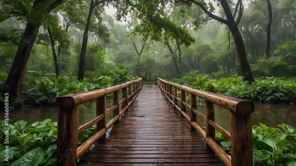 A wooden bridge in a lush, rainy park surrounded by trees. A wooden bridge in a lush, rainy park surrounded by trees.