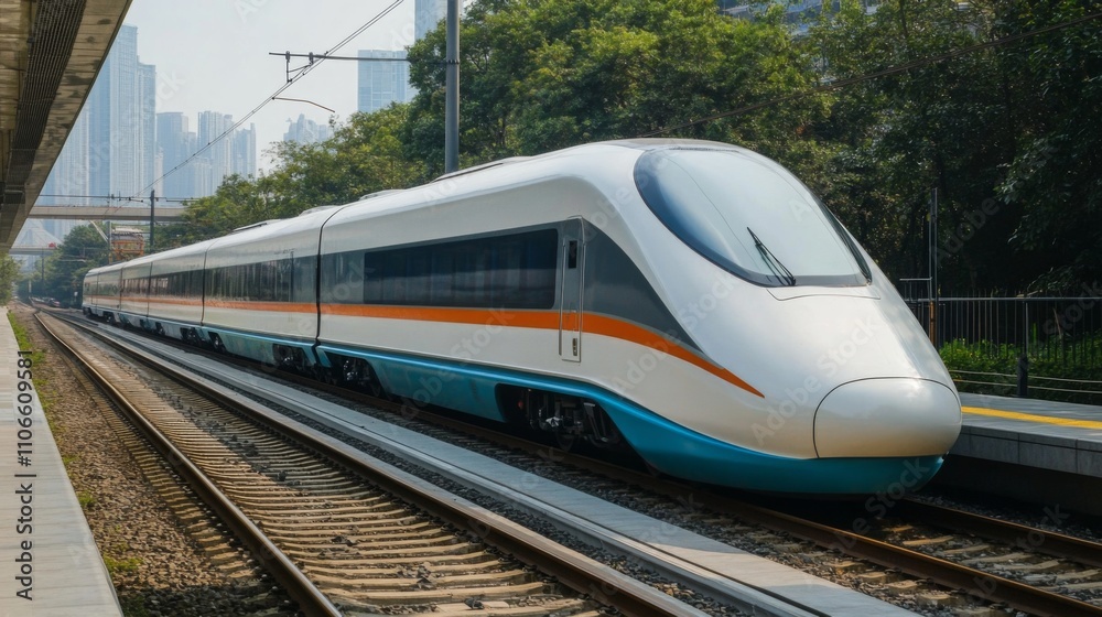 A sleek electric train waits at an urban station, showcasing its streamlined design and modern features. A sleek electric train waits at an urban station, showcasing its streamlined design and modern features.