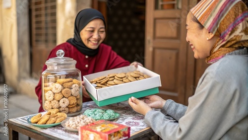 Sweet Confections Exchange Closeup of two neighbors at a small table overflowing with traditional sweets. One neighbor passes a box of almond cookies while the other offers a photo