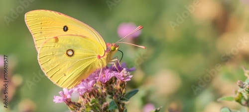 Close-up of a Yellow Butterfly on Purple Flowers