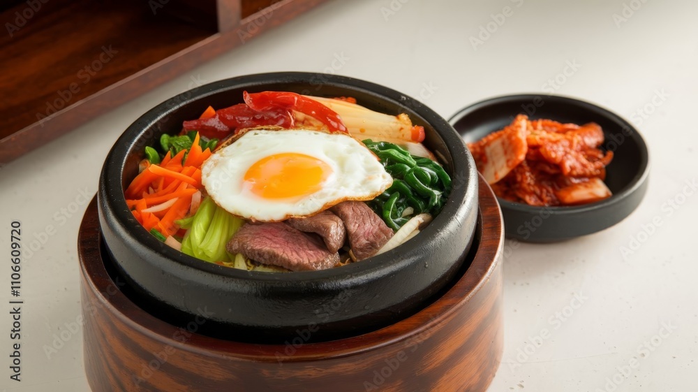 Delicious Bibimbap with Vegetables, Beef, and Egg in a Heated Stone Bowl Delicious Bibimbap with Vegetables, Beef, and Egg in a Heated Stone Bowl