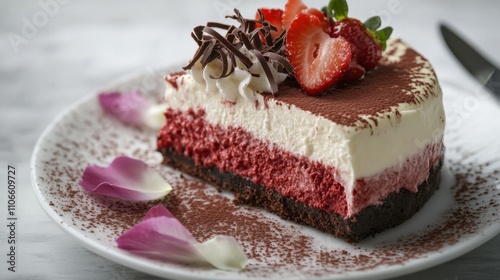 A decadent slice of red velvet cheesecake topped with cream cheese frosting and chocolate shavings, Red velvet cheesecake plated elegantly with a dusting of cocoa powder, Fresh raspberries for garnish photo