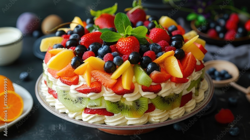 Layer cake with fruits for Chinese New Year celebration Layer cake with fruits for Chinese New Year celebration