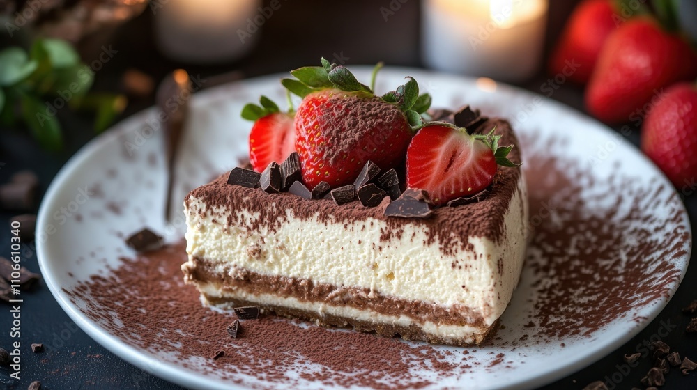 A decadent slice of tiramisu cheesecake topped with cocoa powder and coffee beans, Tiramisu cheesecake plated elegantly with a dollop of whipped cream, Fresh raspberries for garnish A decadent slice of tiramisu cheesecake topped with cocoa powder and coffee beans, Tiramisu cheesecake plated elegantly with a dollop of whipped cream, Fresh raspberries for garnish