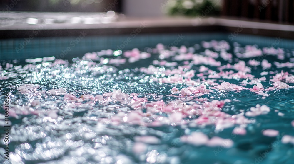 Swimming pool water surface covered with cherry blossom petals, creating a delicate splash effect. A serene and artistic scene blending nature’s beauty with refreshing aquatic elements, Swimming pool water surface covered with cherry blossom petals, creating a delicate splash effect. A serene and artistic scene blending nature’s beauty with refreshing aquatic elements,