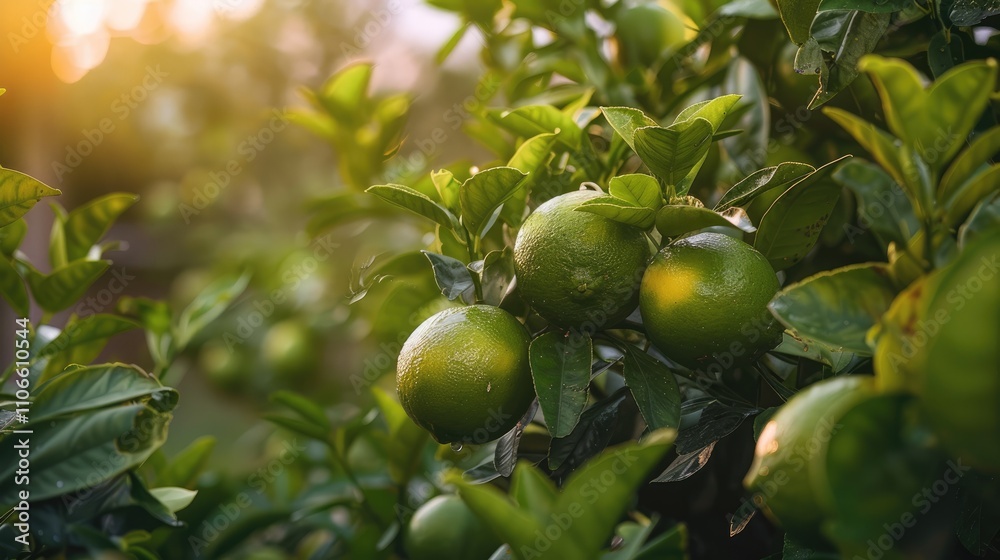 Freshly grown organic limes in a backyard garden.